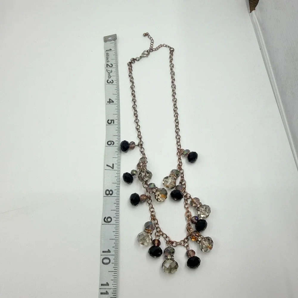 Vintage Silver Tone Black Clear Crystal Dangle Necklace Bib Fringe Statement 90s